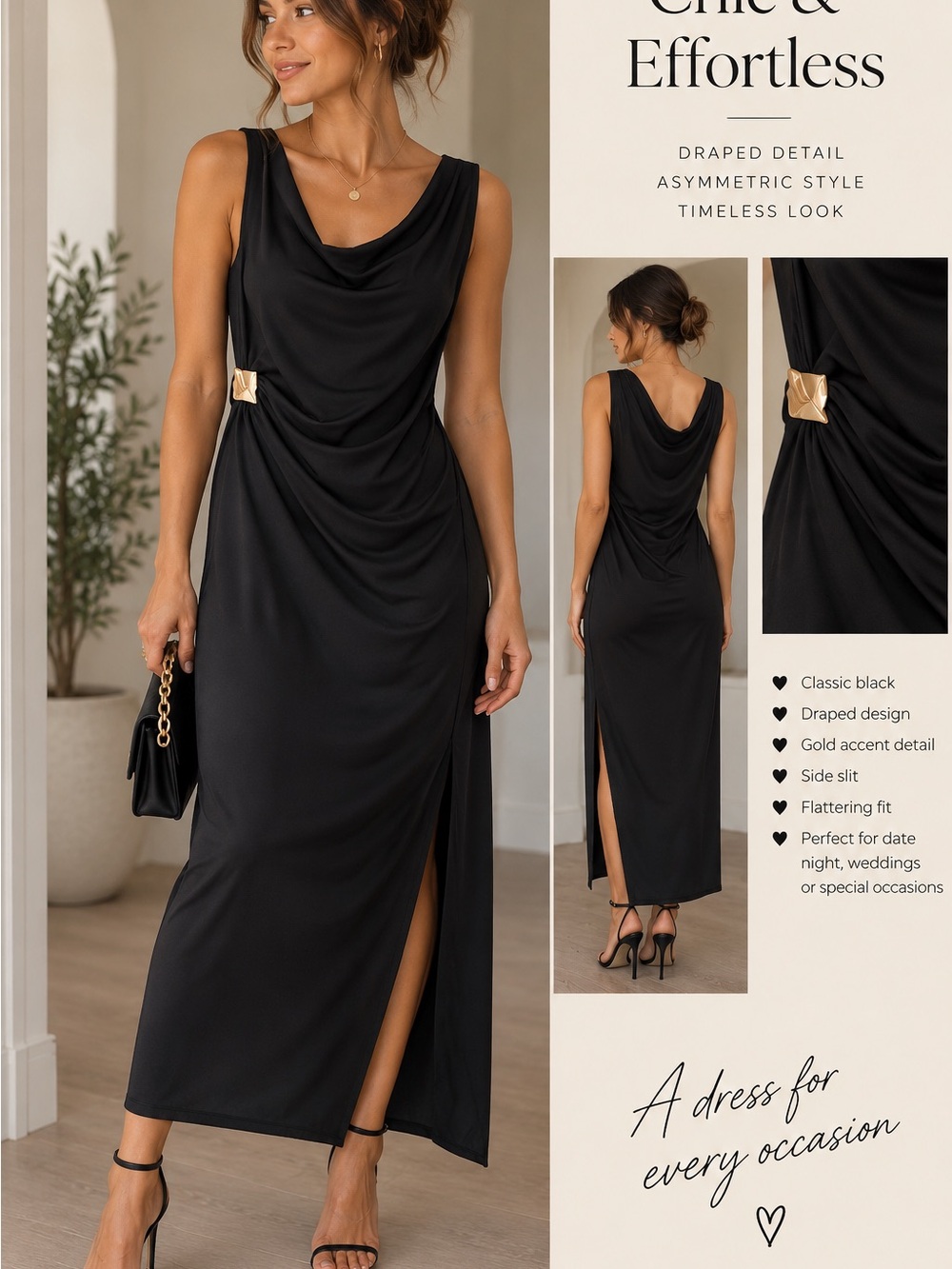 Classic Black Draped Cowl Neck Maxi Dress with Gold Accent